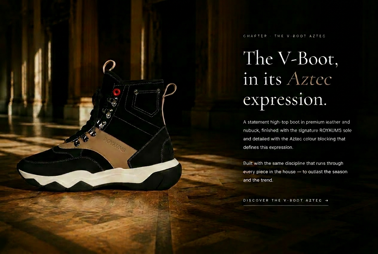 ROYAUMS V-Boot Aztec — The V-Boot, in its Aztec expression. A statement high-top boot in premium leather and nubuck.