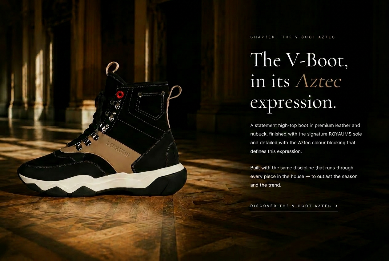 ROYAUMS V-Boot Aztec — The V-Boot, in its Aztec expression. A statement high-top boot in premium leather and nubuck.